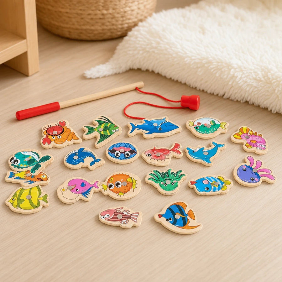 Magnetic Fishing Game Ocean Animals Wooden Set set out on a real table at home