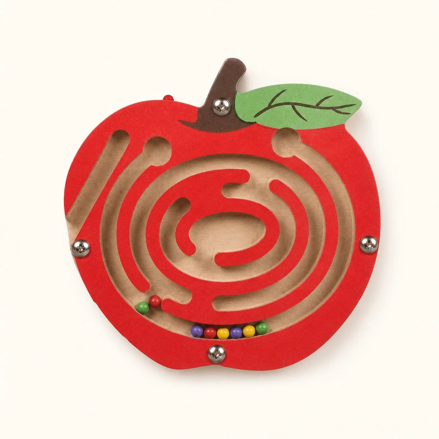 Magnetic Maze Toy Apple Shape Wooden shown complete on a plain background