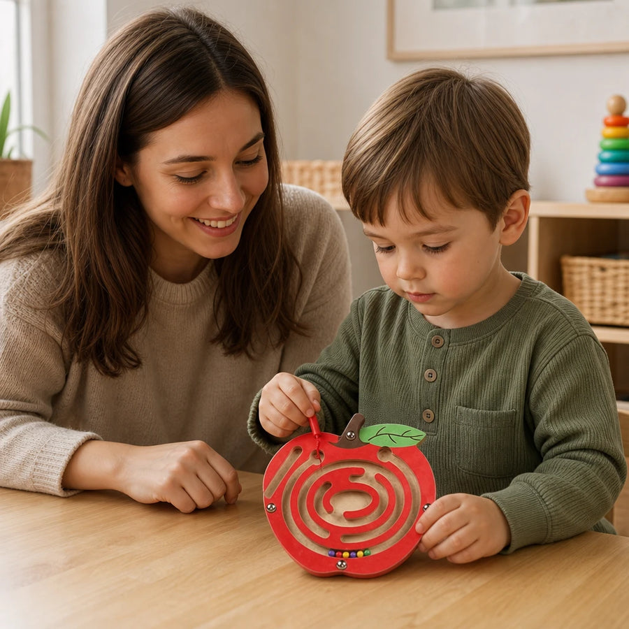 Child playing with the Magnetic Maze Toy Apple Shape Wooden