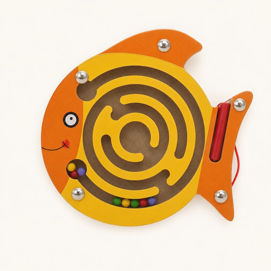 Magnetic Maze Toy Fish-Shaped Wooden Puzzle shown complete on a plain background