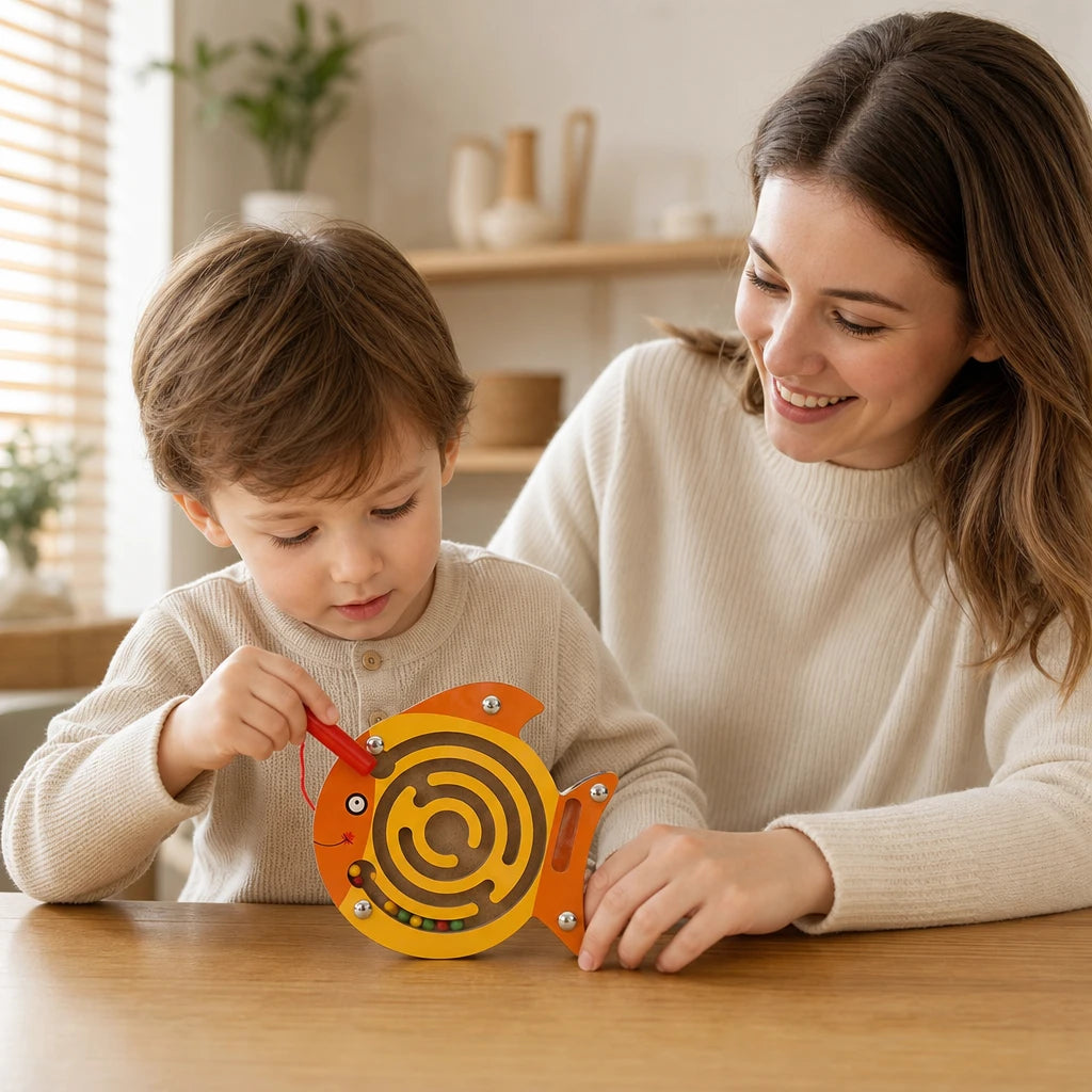Child playing with the Magnetic Maze Toy Fish-Shaped Wooden Puzzle