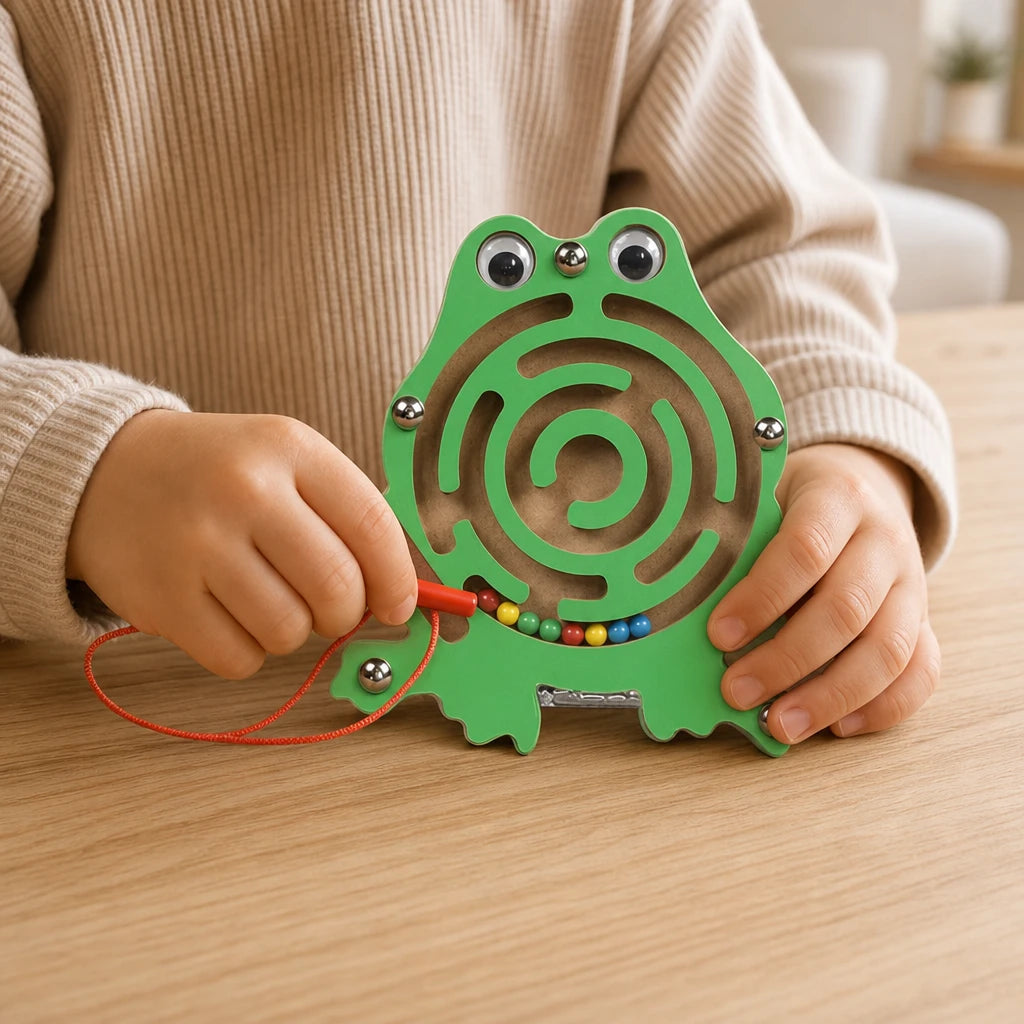 Close-up of a child's hands using the Magnetic Maze Toy - Frog Shape