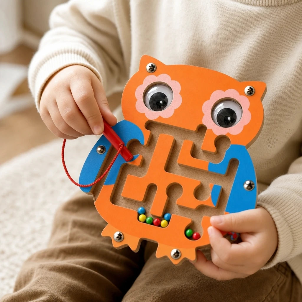 Close-up of a child's hands using the Magnetic Maze Toy - Owl Design