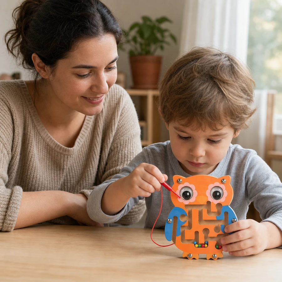 Child playing with the Magnetic Maze Toy - Owl Design