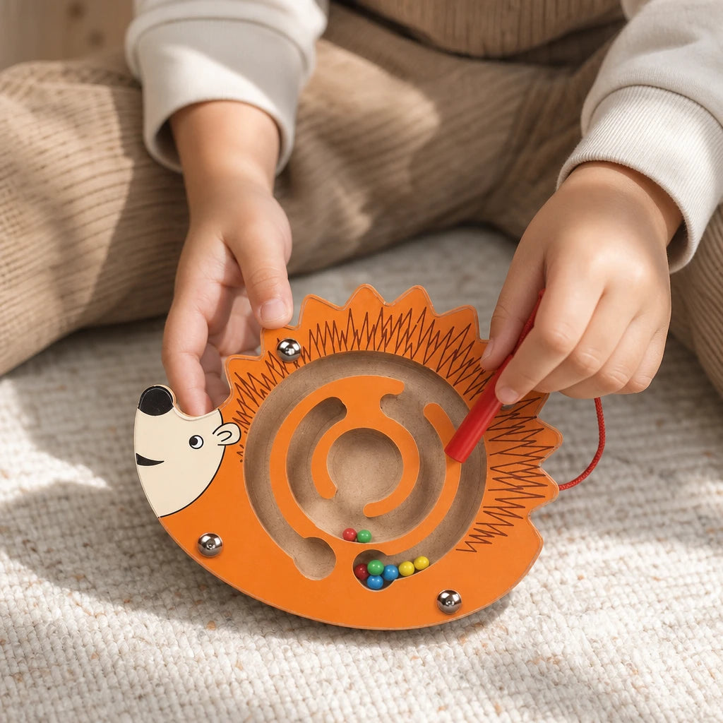 Close-up of a child's hands using the Magnetic Maze Toy Wooden Hedgehog