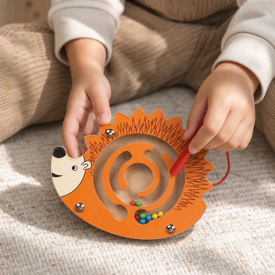 Close-up of a child's hands using the Magnetic Maze Toy Wooden Hedgehog