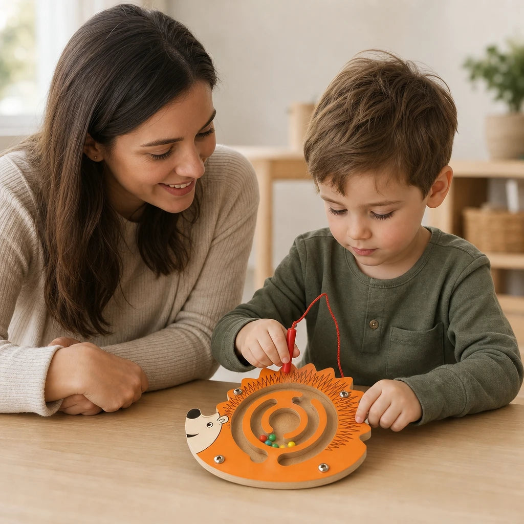 Child playing with the Magnetic Maze Toy Wooden Hedgehog