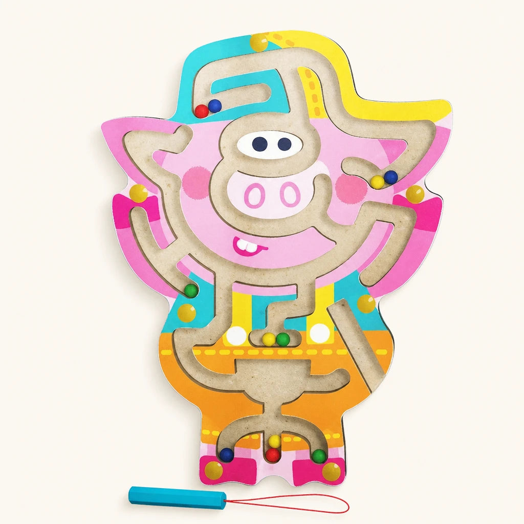 Magnetic Maze Toy - Wooden Pig Design shown complete on a plain background