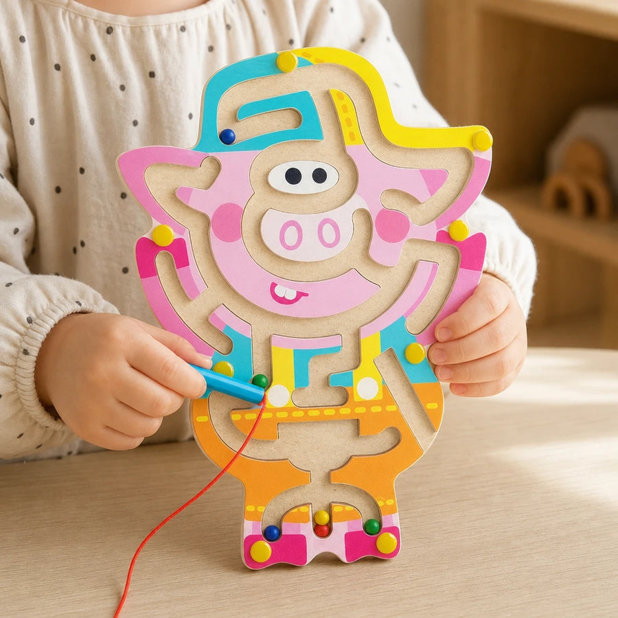 Close-up of a child's hands using the Magnetic Maze Toy - Wooden Pig Design