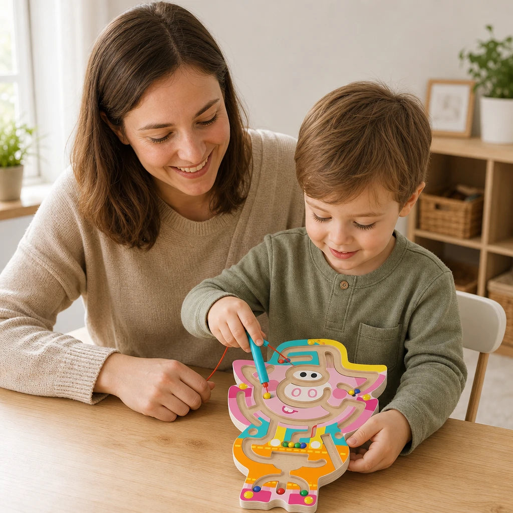 Child playing with the Magnetic Maze Toy - Wooden Pig Design