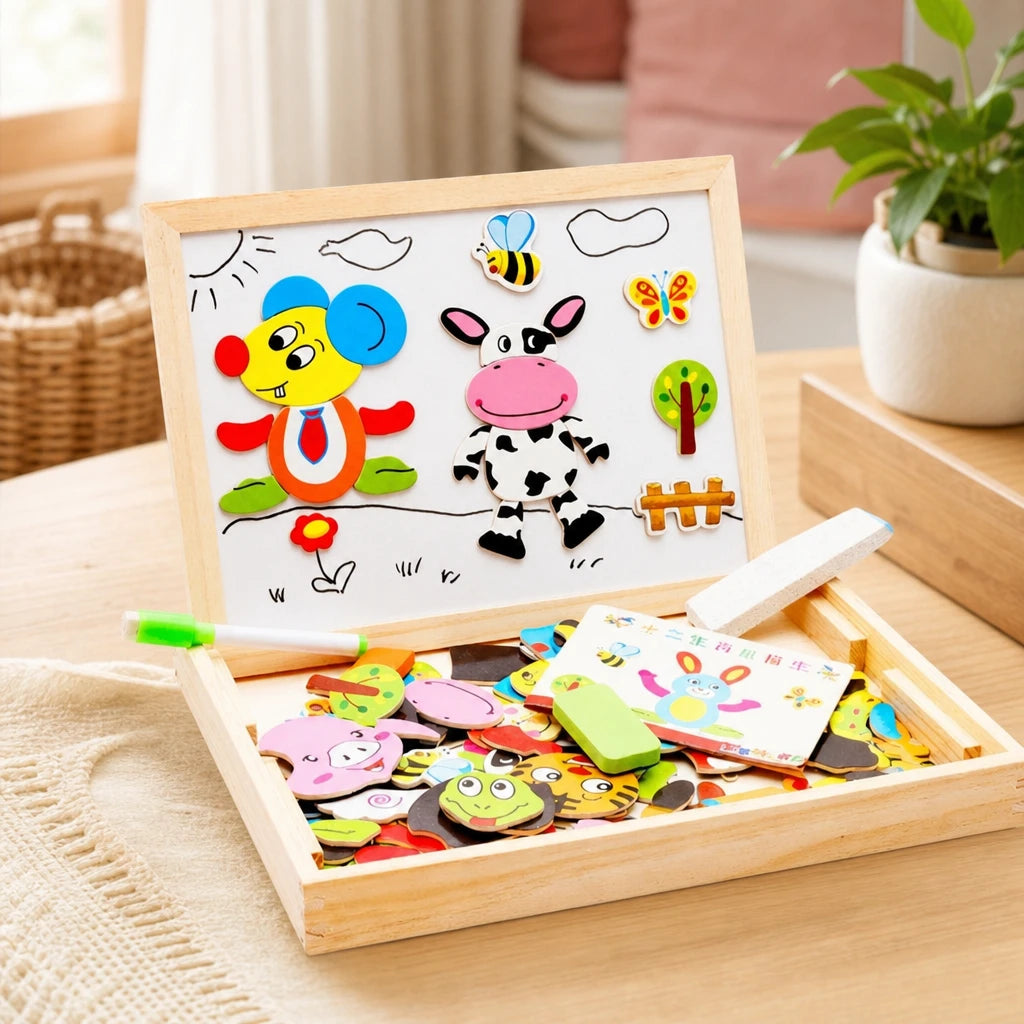 Magnetic Puzzle Board Cute Animal Set set out on a real table at home