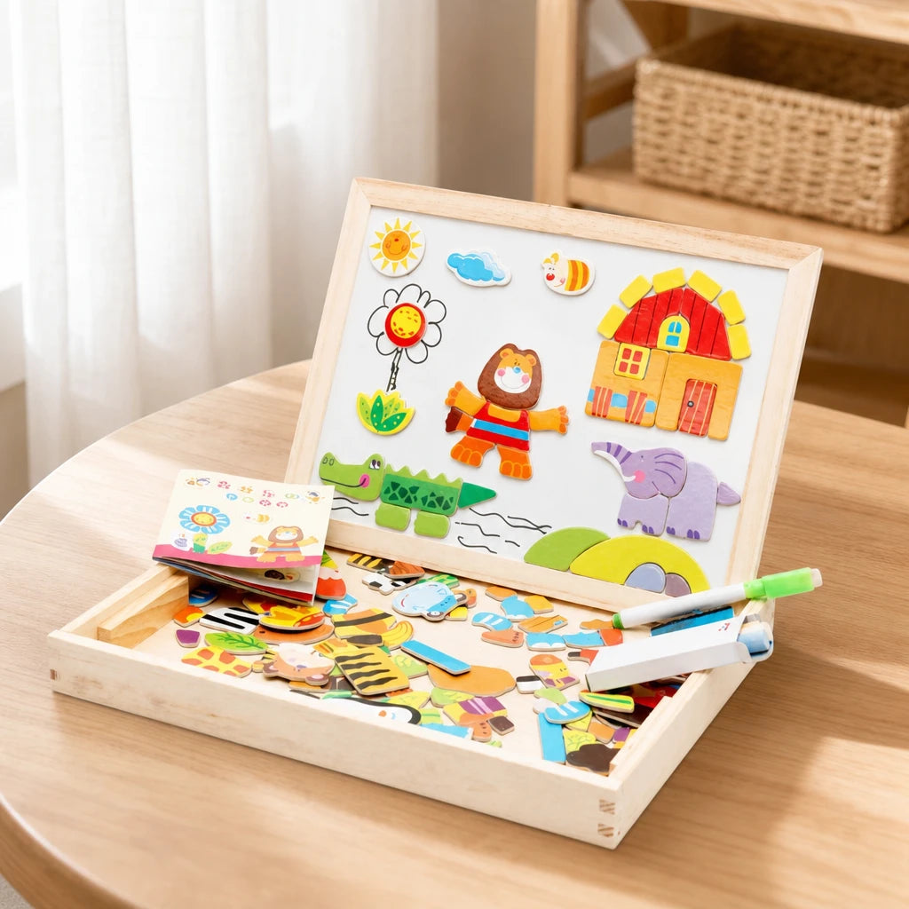 Magnetic Puzzle Board - Double-Sided set out on a real table at home