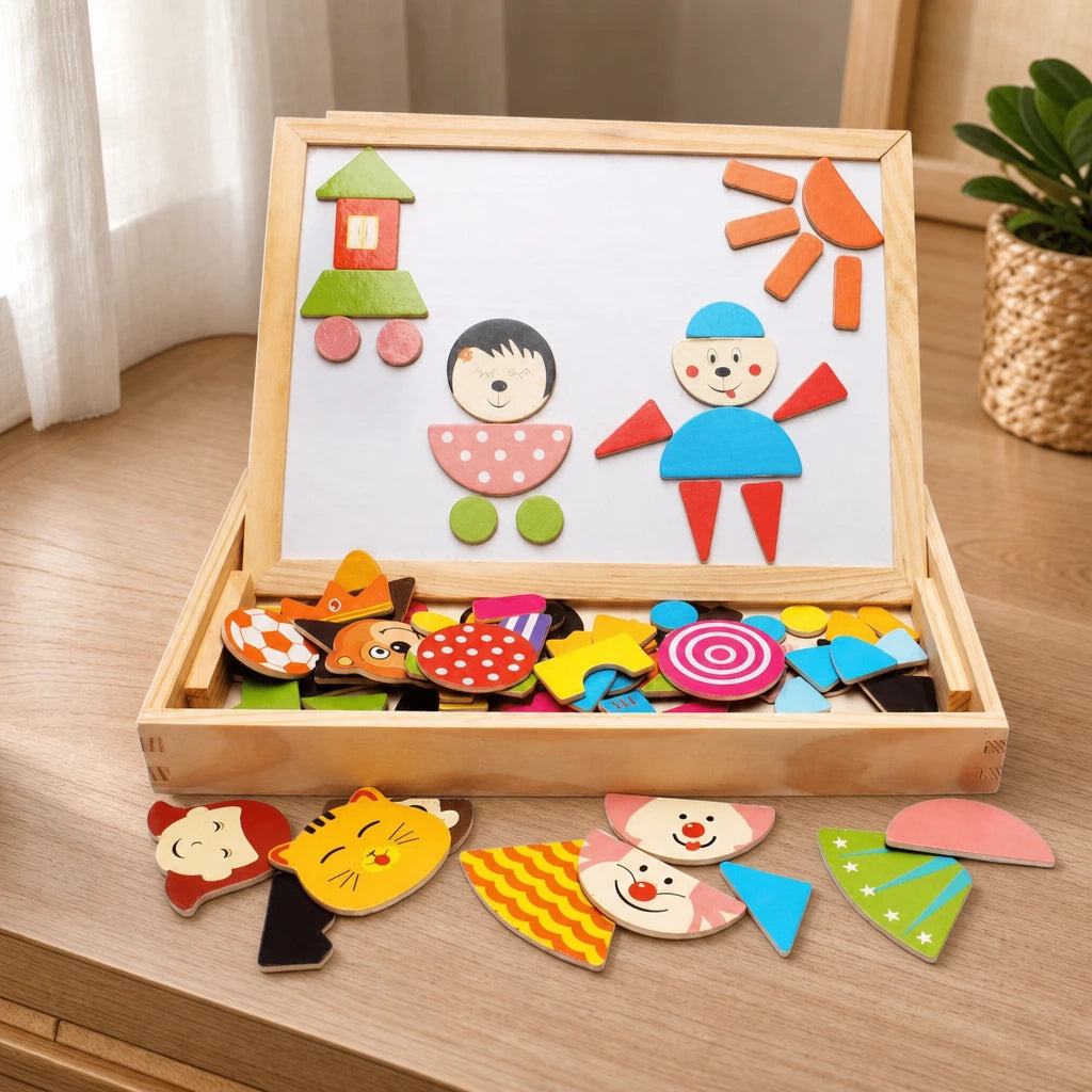 Magnetic Puzzle Board Montessori Double-Sided set out on a real table at home