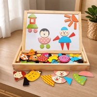 Magnetic Puzzle Board Montessori Double-Sided set out on a real table at home