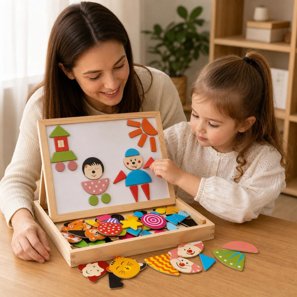 Child playing with the Magnetic Puzzle Board Montessori Double-Sided