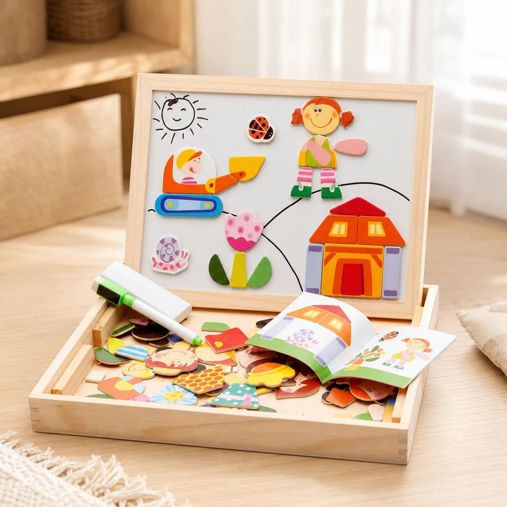 Magnetic Scene Board Double Sided with Storage set out on a real table at home