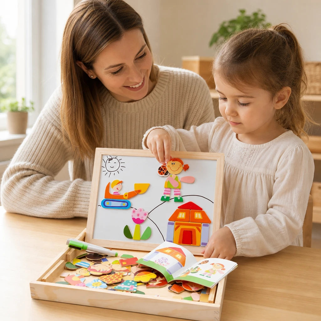 Child playing with the Magnetic Scene Board Double Sided with Storage