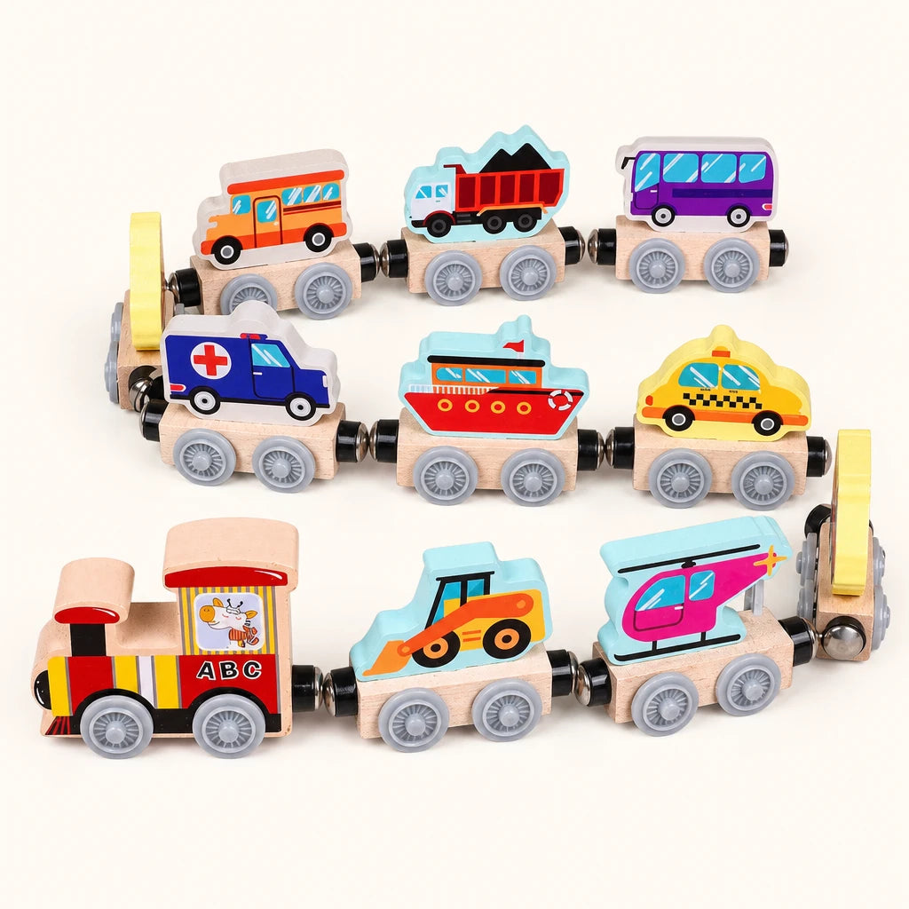 Magnetic Train Toy Wooden Vehicles Set shown complete on a plain background