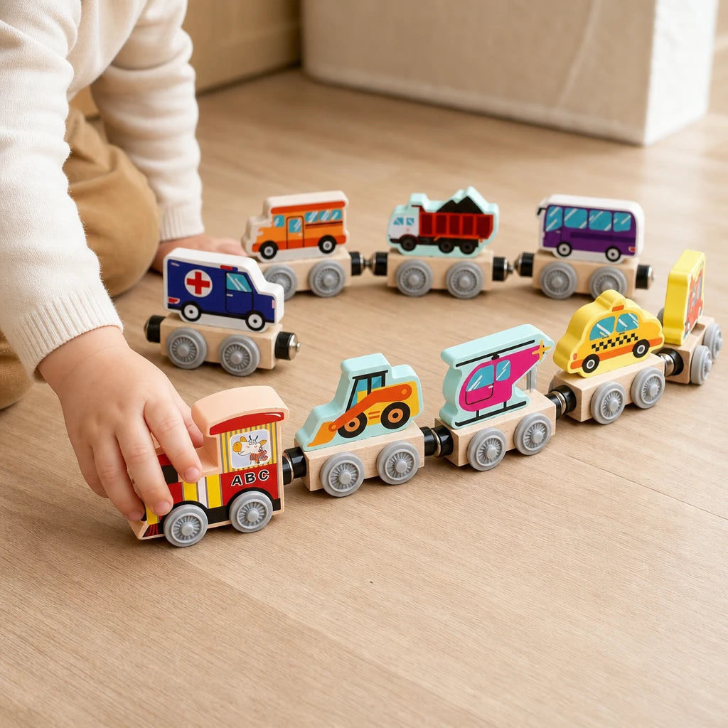 Close-up of a child's hands using the Magnetic Train Toy Wooden Vehicles Set