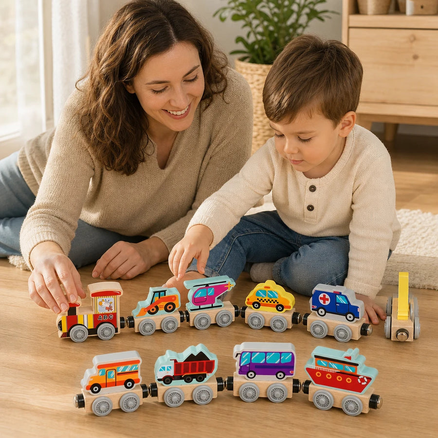 Child playing with the Magnetic Train Toy Wooden Vehicles Set