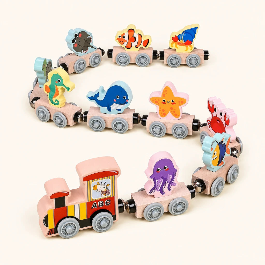 Magnetic Wooden Train Ocean Animals 11-Piece Set shown complete on a plain background