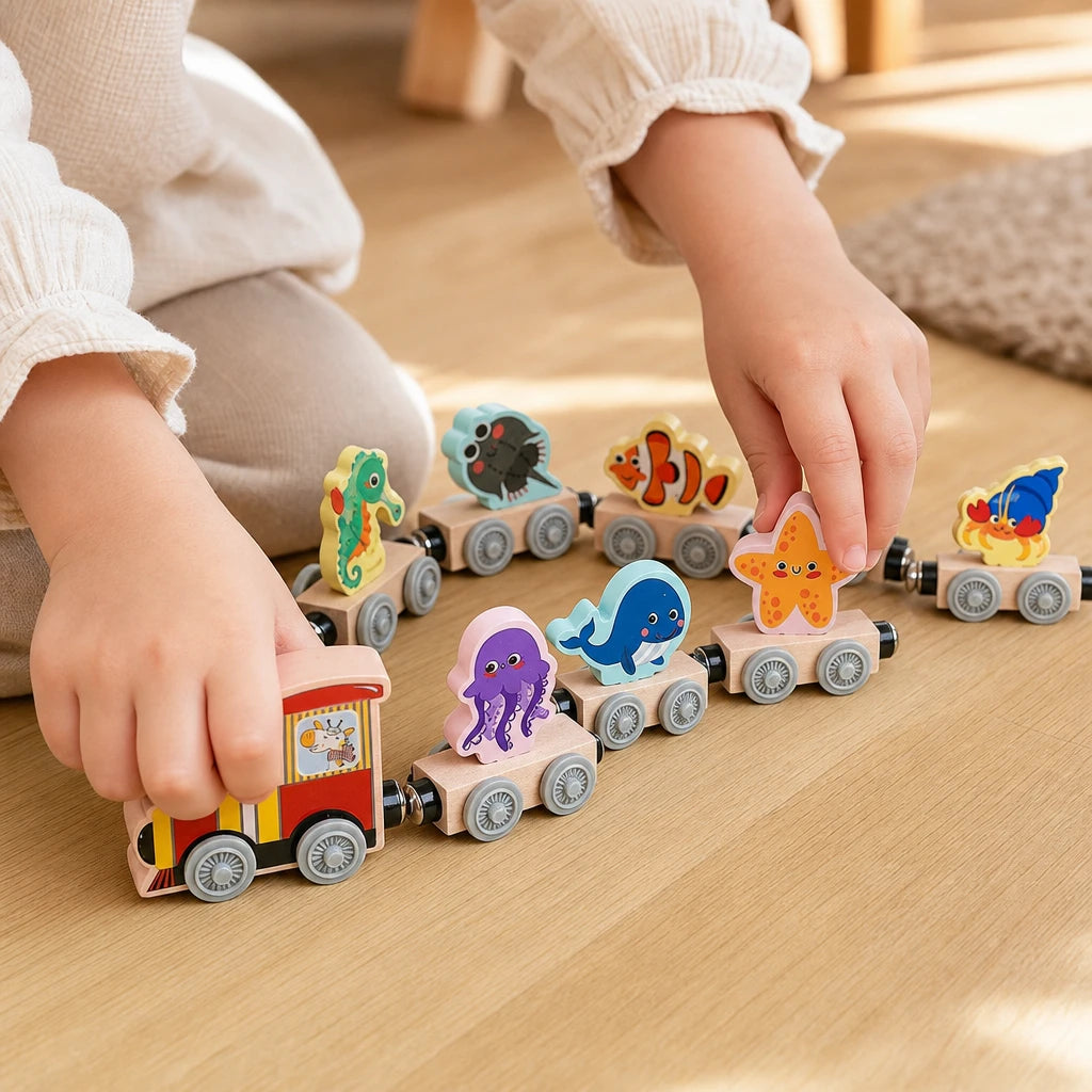Close-up of a child's hands using the Magnetic Wooden Train Ocean Animals 11-Piece Set