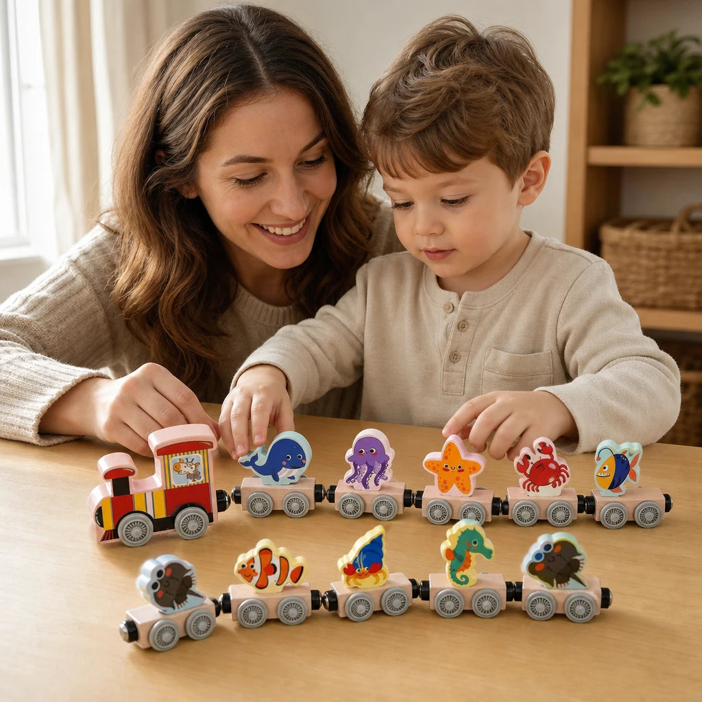 Child playing with the Magnetic Wooden Train Ocean Animals 11-Piece Set