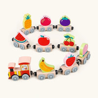 Magnetic Wooden Train with Fruit Cars shown complete on a plain background