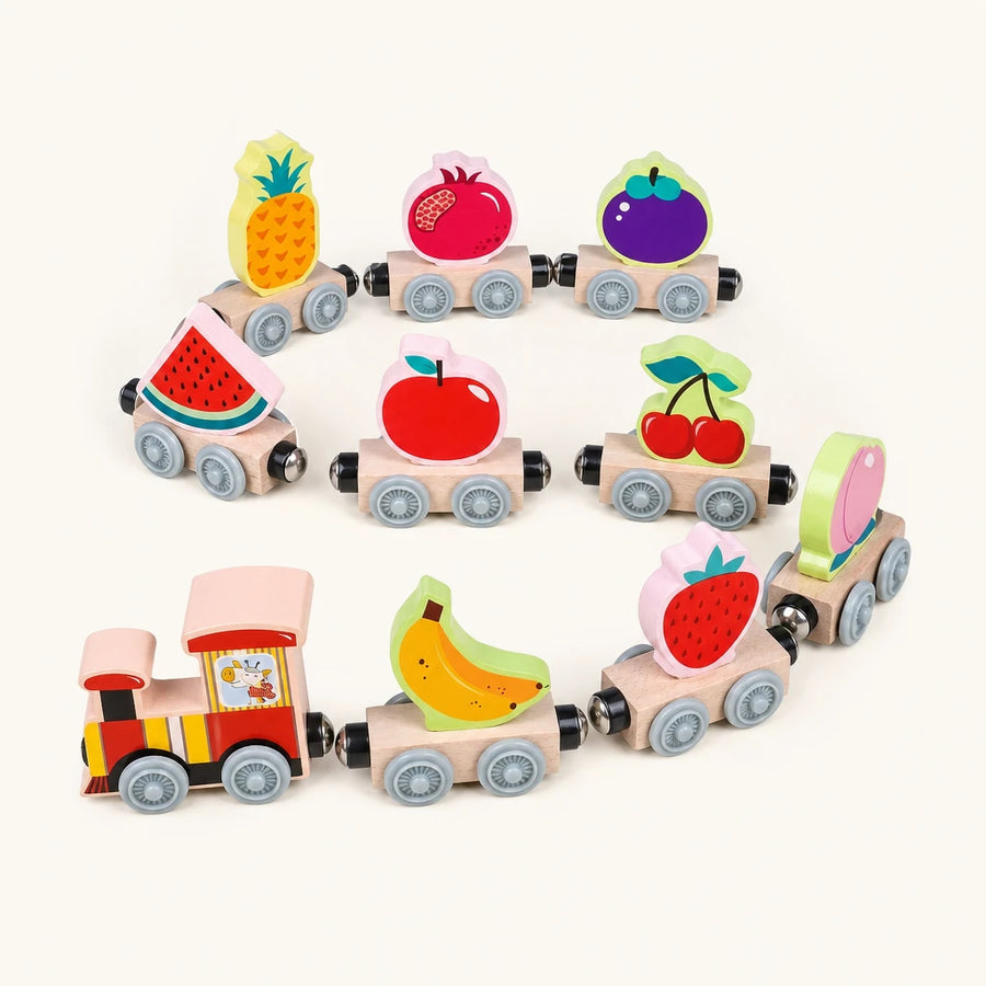 Magnetic Wooden Train with Fruit Cars shown complete on a plain background