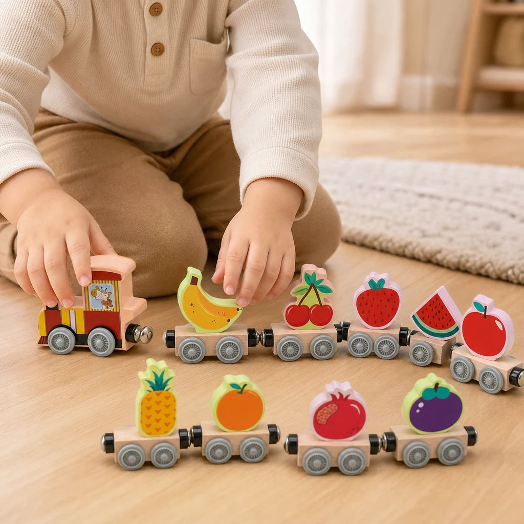 Close-up of a child's hands using the Magnetic Wooden Train with Fruit Cars