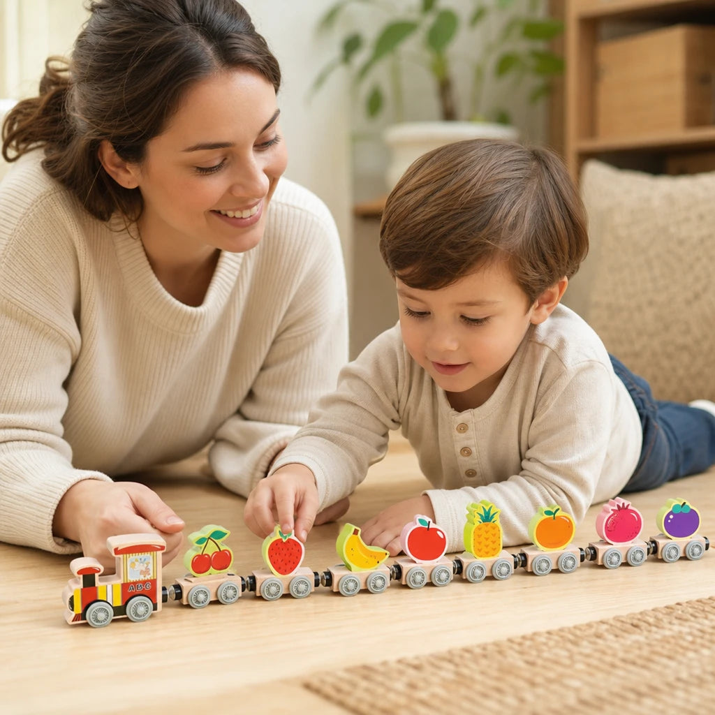 Child playing with the Magnetic Wooden Train with Fruit Cars