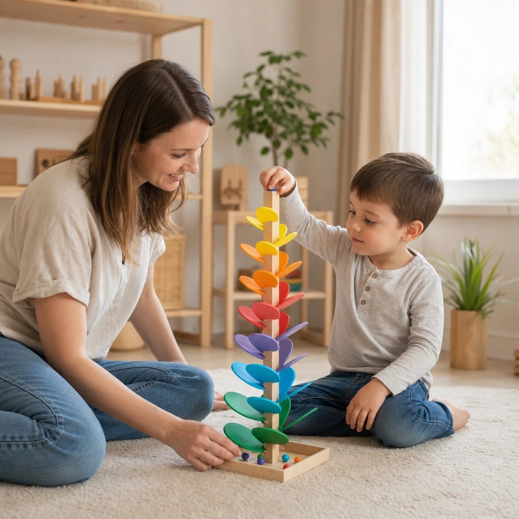 Child playing with the Marble Run Tree Musical Tower