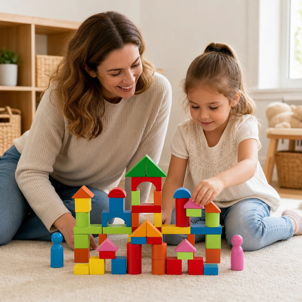 Child playing with the Montessori Building Blocks Set with Storage