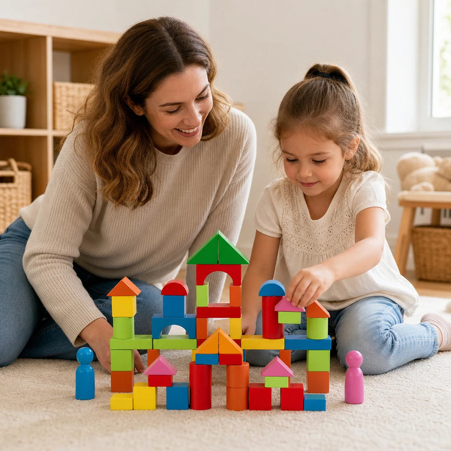 Child playing with the Montessori Building Blocks Set with Storage