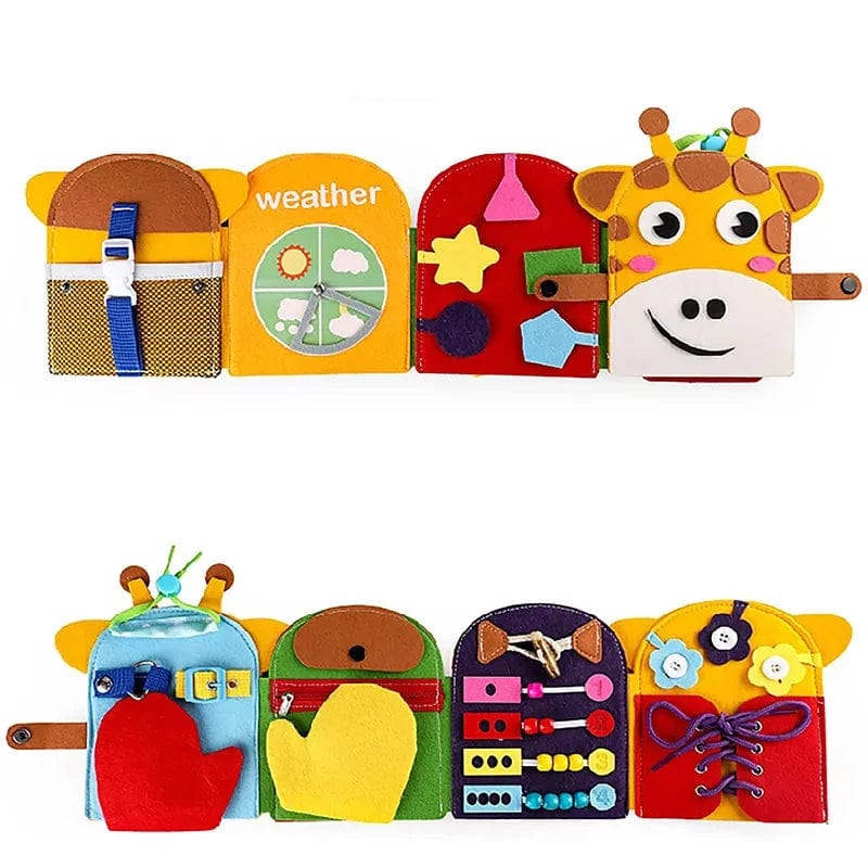 Giraffe busy book showing weather, buckle and lacing activity pages