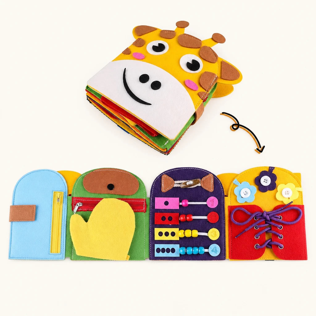 Montessori Busy Book Giraffe Sensory Activity Toy shown complete on a plain background