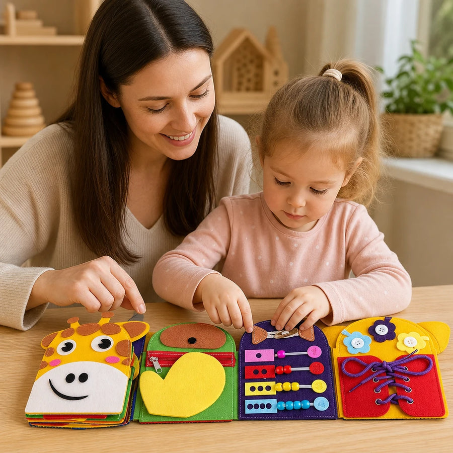 Child playing with the Montessori Busy Book Giraffe Sensory Activity Toy