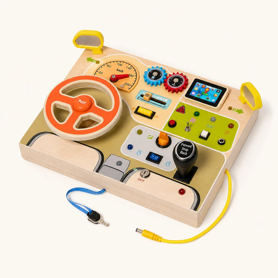 Montessori Busy Dashboard — complete set on a neutral background