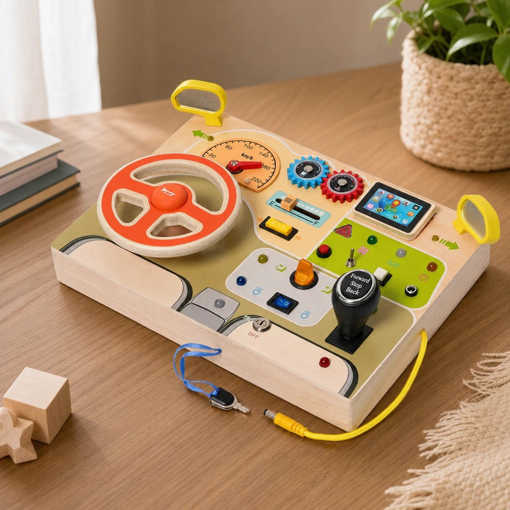 Montessori Busy Dashboard shown on a real table surface