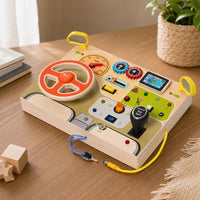 Montessori Busy Dashboard shown on a real table surface