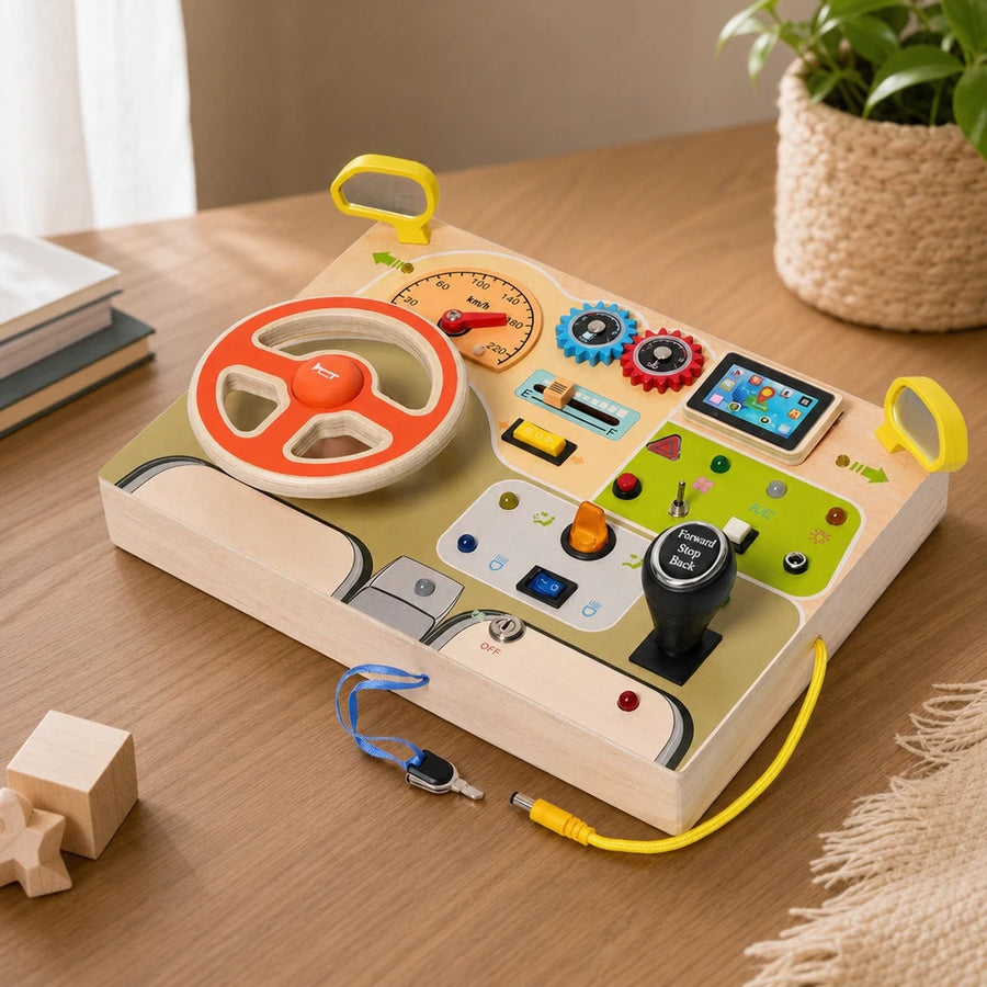 Montessori Busy Dashboard shown on a real table surface