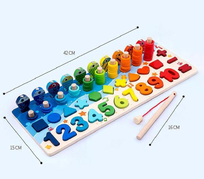 Counting puzzle board with numerals, shapes and stacking rings