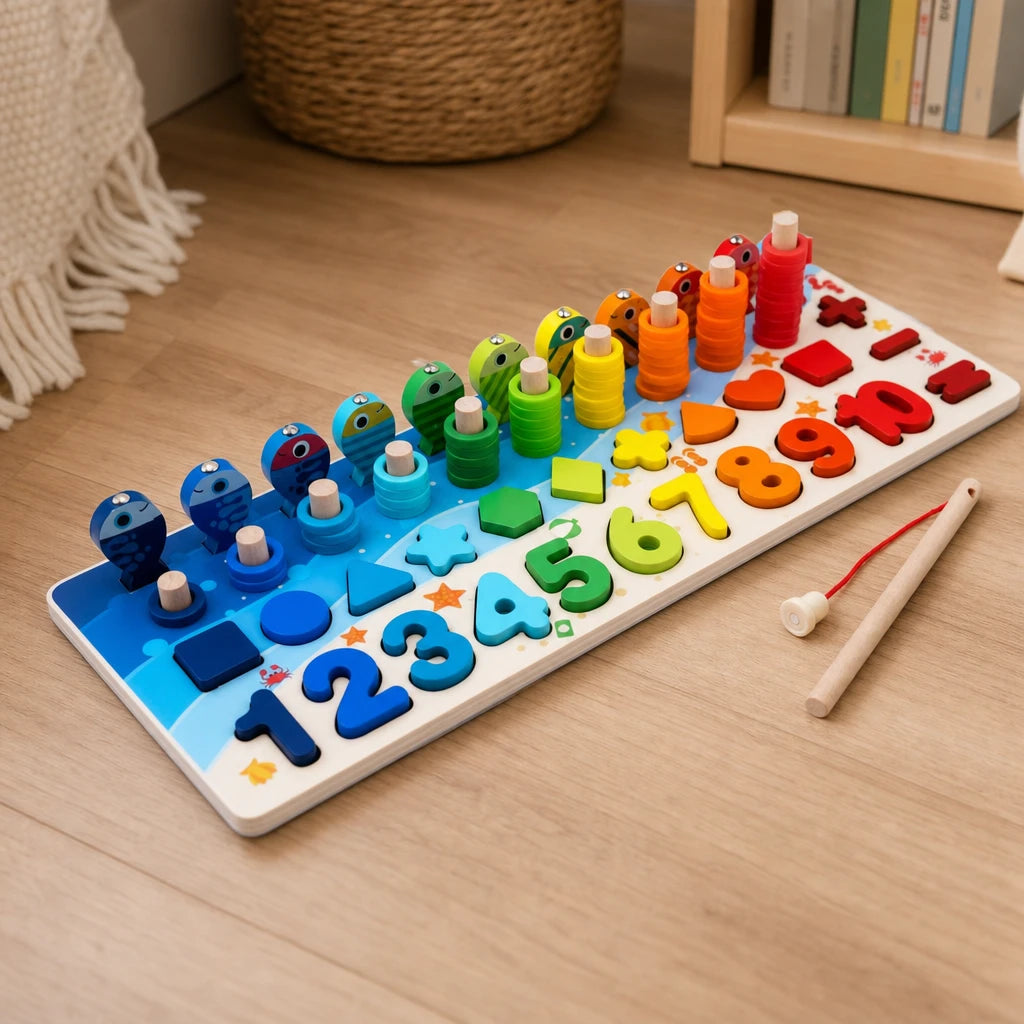 Montessori Counting Puzzle - Numbers, Shapes & Colors set out on a real table at home