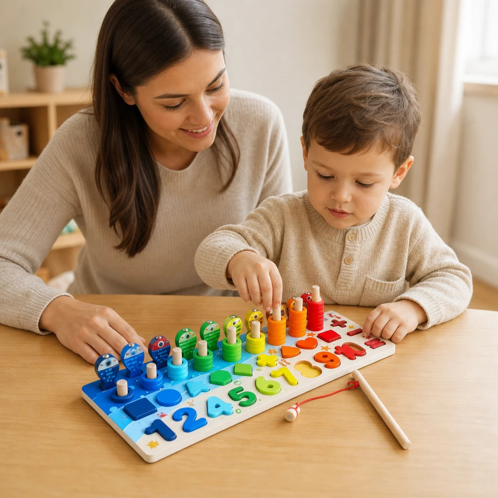 Child playing with the Montessori Counting Puzzle - Numbers, Shapes & Colors