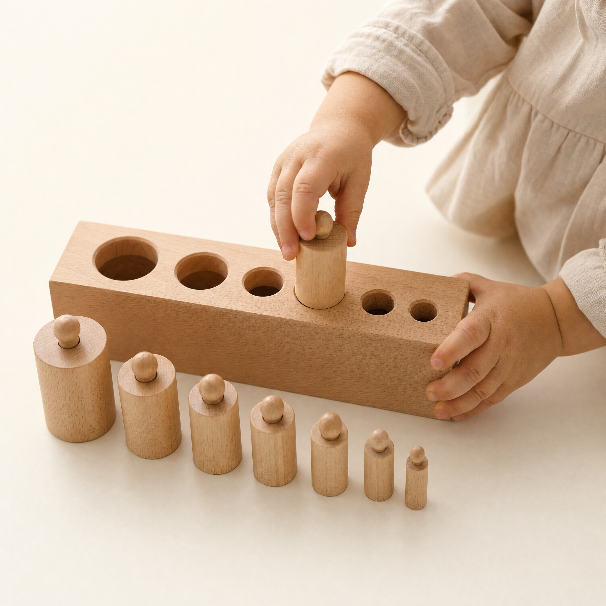 A toddler fitting a wooden cylinder into a Montessori knobbed cylinder block, the graded cylinders lined up alongside Image