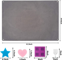 Grey felt board shown flat with dimensions and sample piece sizes