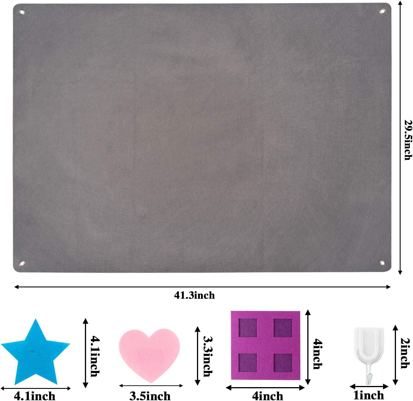 Grey felt board shown flat with dimensions and sample piece sizes