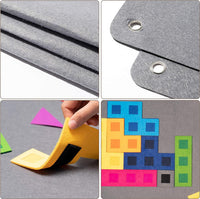 Details of the felt board's eyelets, layers and adhesive pieces