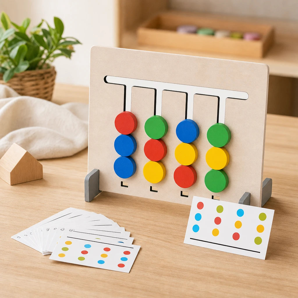 Montessori Games Double-Sided Pattern Matching Board shown on a real table surface