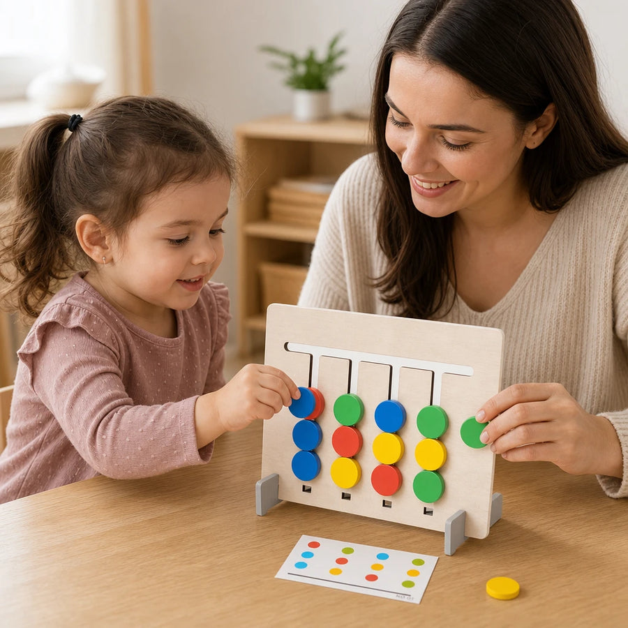 Child using the Montessori Games Double-Sided Pattern Matching Board